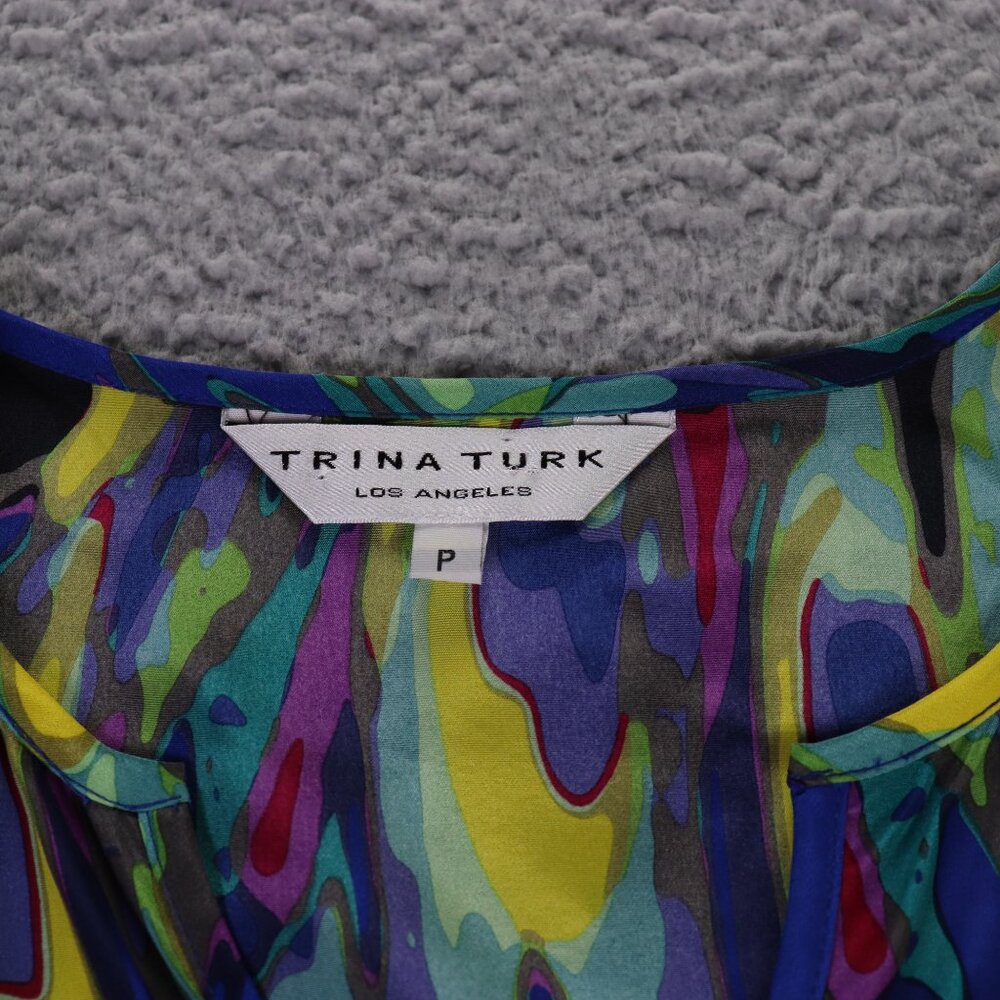 Trina Turk Top Womens P Blue Multicolor V Neck Abstract 100% Silk Blouse - Picture 5 of 10